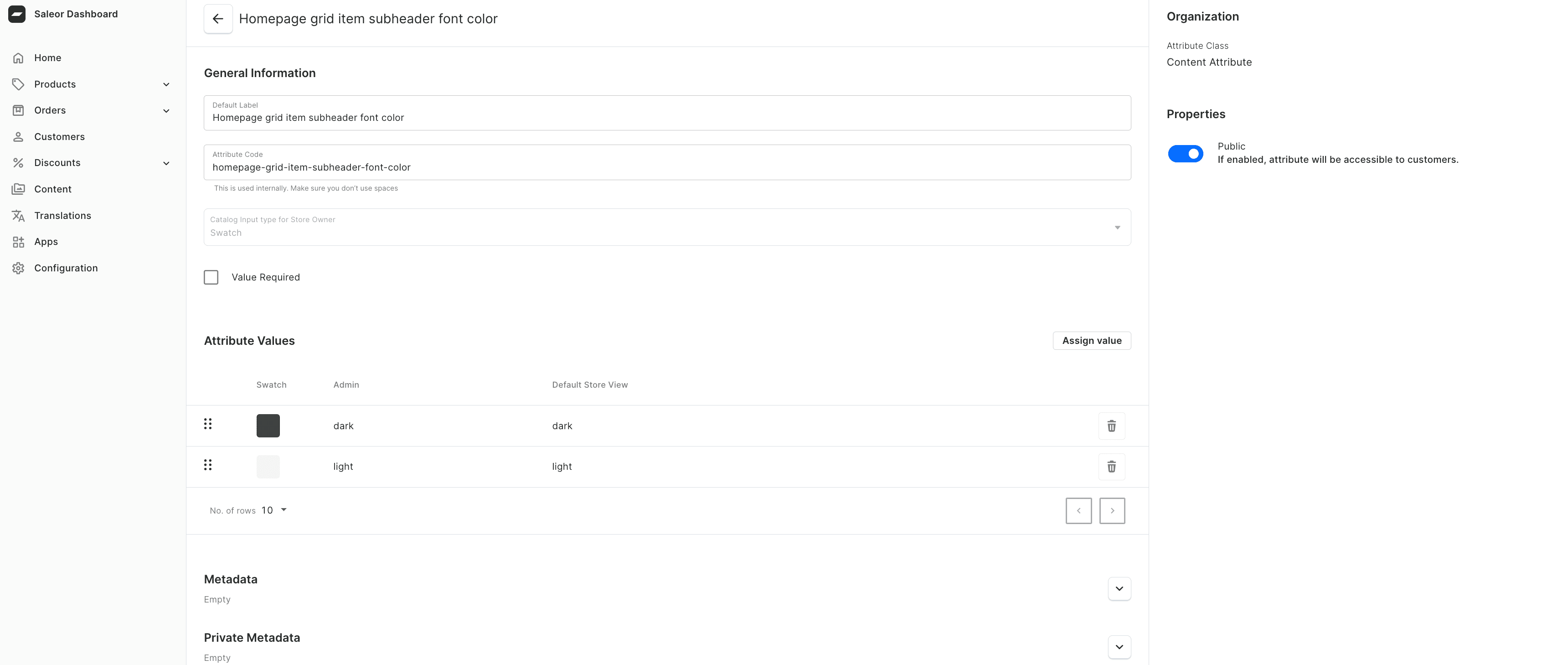 Grid item subheader font color attribute